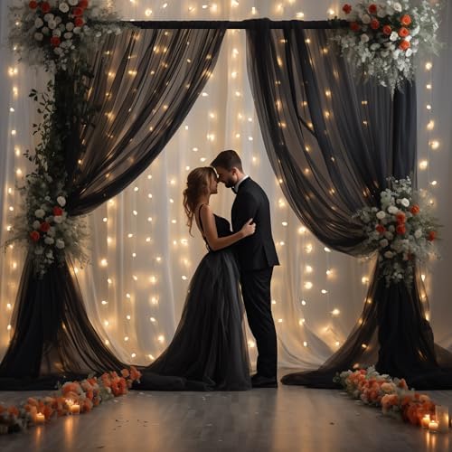 10x8ft Black Tulle Backdrop Curtain with Lights String for Parites, Sheer Photo Backdrop Curtains for Wedding Baby Shower Birthday Party Photo Shoot Decorations - Image 4