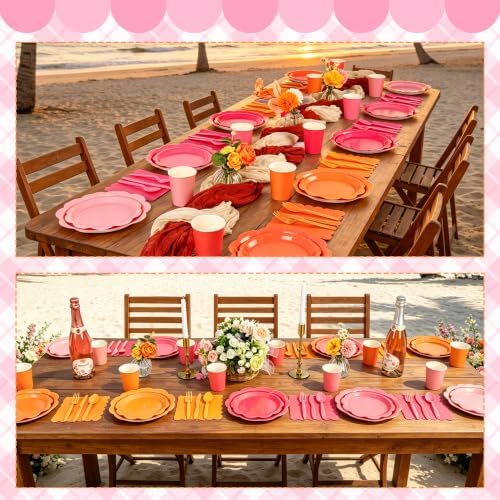 350 Pcs Pink and Orange Party Plates and Napkins - Hot Pink Orange Party Decoration Tableware set Include Sunset Tropical Scalloped Plate Napkin Cup & Cutlery for Baby Shower, Wedding, Birthday - Image 3
