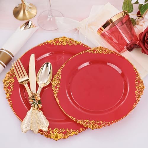 Nervure 175Pcs Red Plastic Plates, Disposable Party Plates for 25 Guests - Image 6