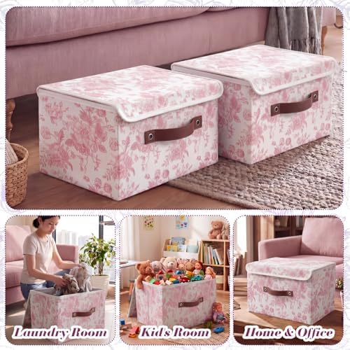 2 Pack Pink Floral Storage Bin with Lids, 15x10x10 Inch - Image 5