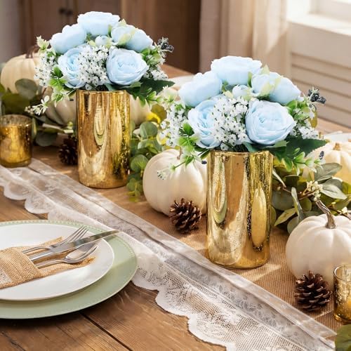 Suncalla 6 Sets Gold Cylinder Vases Artificial Peony Candle Holders, Blue - Image 5