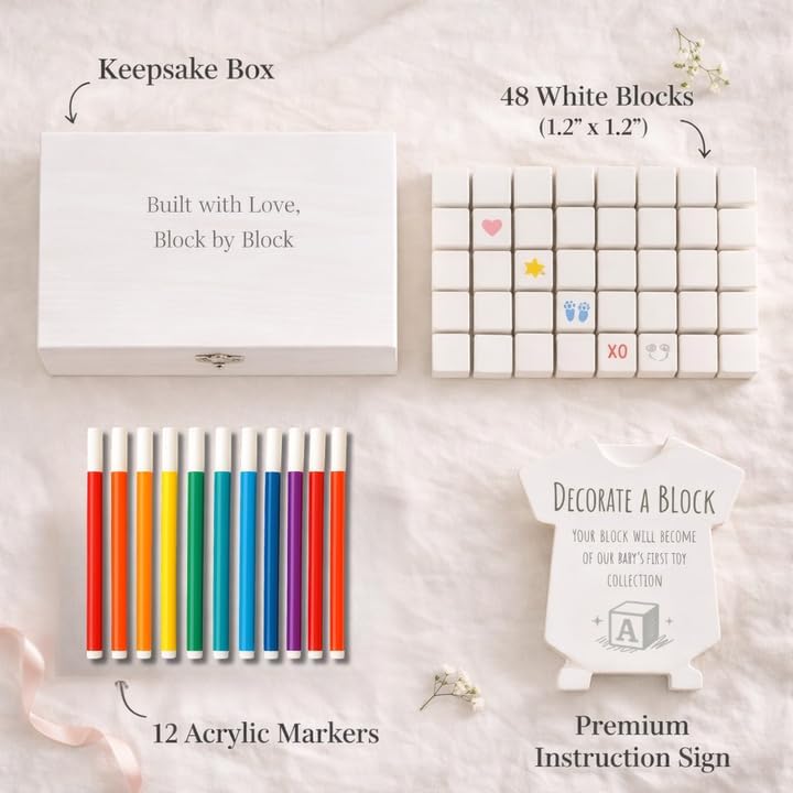 Nolia Baby Shower Blocks Decorating Game – 48 White Wooden Cubes to Decorate, Storage Box, 12 Acrylic Markers & Instruction Sign - Image 5