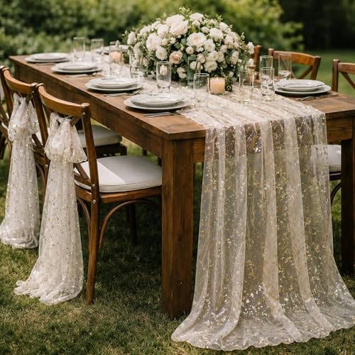 Shihanee 12 Pcs Beige Gold Gauze Table Runners Sheer Cheesecloth Runner - Image 2