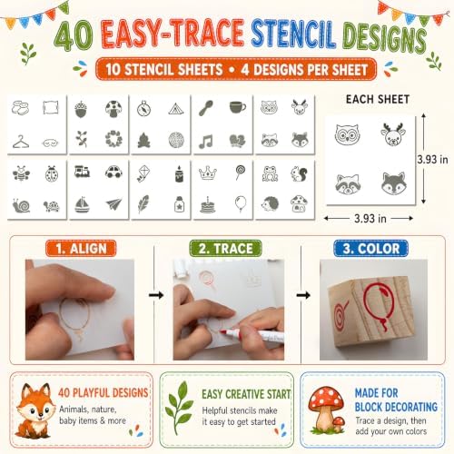 Baby Shower Games, 117-Piece Baby Blocks for Baby Shower with 52 Wooden ABC Blocks to Decorate, 24 Acrylic Markers, 40 Stencils and Game Sign, Woodland Gender Reveal Game for Boy or Girl - Image 4