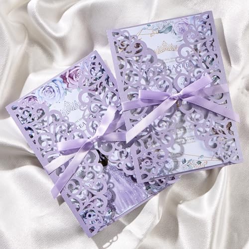 50PCS Wedding Invitation, Purple Hollow Laser Cut Custom Invitations - Image 7