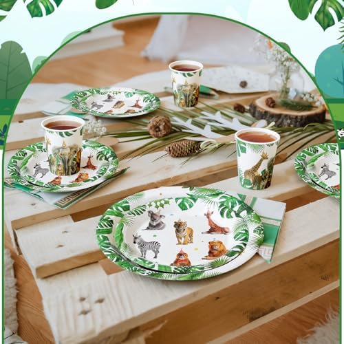 Funnymoom 400 Pcs Safari Happy Birthday Party Supplies for 50 Guests Jungle Animals Paper Plates and Napkins Knives Spoon Fork Cup Wild Animals Lion Tiger Dinner Sets for Zoo Birthday Party - Image 5