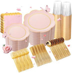 350Pcs Pink Gold Rim Disposable Plastic Dinnerware Party Set by WWONDERFUL