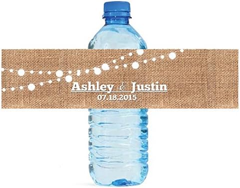100 Burlap and White Market Lights Wedding Anniversary Engagement Party Water Bottle Labels Bridal Shower by DesignThatSign