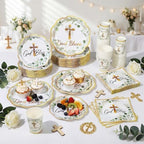 Ziliny 250 Pcs God Bless Baptism Party Tableware Set for 50 Guest First Holy Communion Decorations Sage Green Eucalyptus Leaves Paper Plates Napkins and Cups for Christening Baby Shower Religious - Image 6
