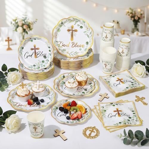 Ziliny 250 Pcs God Bless Baptism Party Tableware Set for 50 Guest First Holy Communion Decorations Sage Green Eucalyptus Leaves Paper Plates Napkins and Cups for Christening Baby Shower Religious - Image 6