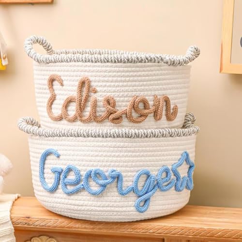 Personalized Cute Small Woven Basket with Handles, Custom Cotton Rope Room Shelf Storage Basket, Empty Decorative Gift Basket, Decorative Round Bin for Nursery Bedroom Bathroom (Style J) - Image 6