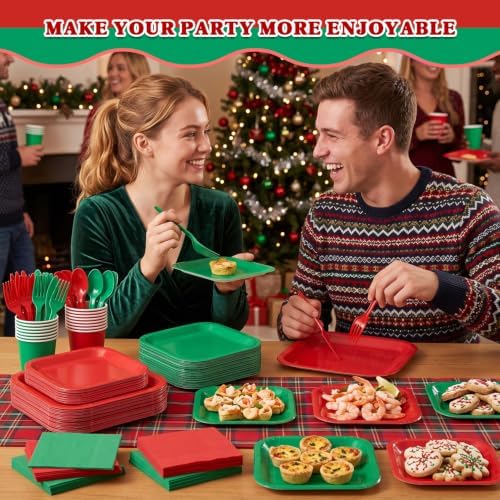 Vyntra 350 Pcs Red & Green Square Paper Plates and Napkins Set, Serves 50 - Image 6