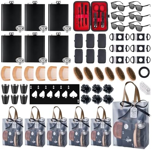 74PCS Baby Shower Prizes for Men 6 Set with 8 oz Stainless Steel Hip Flask with Funnel Bottle Opener Manicure Kit Bath Sponge Sunglasses Gift Bag Baby Shower Game Prizes for Winner Bachelor Party by WishFond