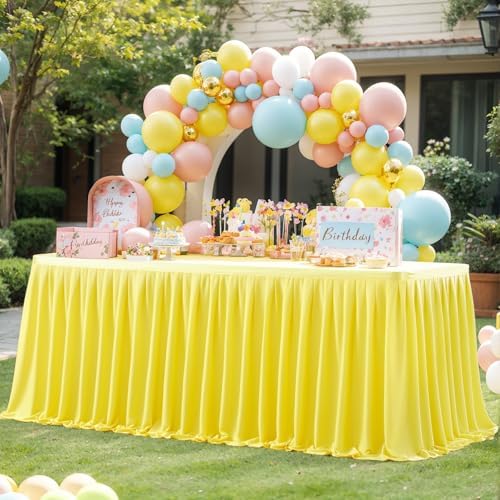 Partisky Yellow Polyester Table Skirt for Rectangle Tables 14ft, Wrinkle Resistant Pleated Ruffle Table Cloth for Banquet Wedding Trade Baby Shower Display Gift Dining Table - Image 3