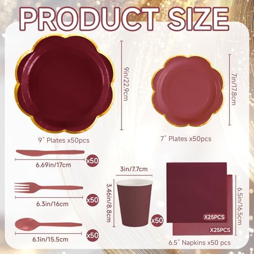 350Pcs Burgundy Paper Plates and Napkins Party Supplies for 50 Guests - Image 3