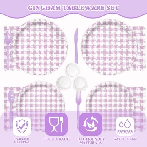 Vyntra 350-Pc Lavender Gingham Paper Plates and Napkins Party Supplies - Image 5