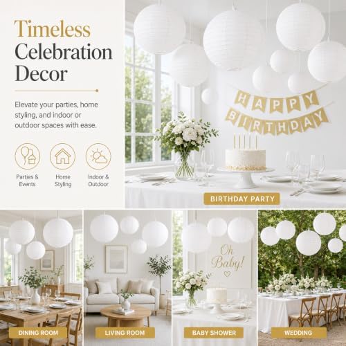 8 Pcs 16/30 Inch Large White Paper Lanterns Jumbo Hanging Party Decorations - Image 7