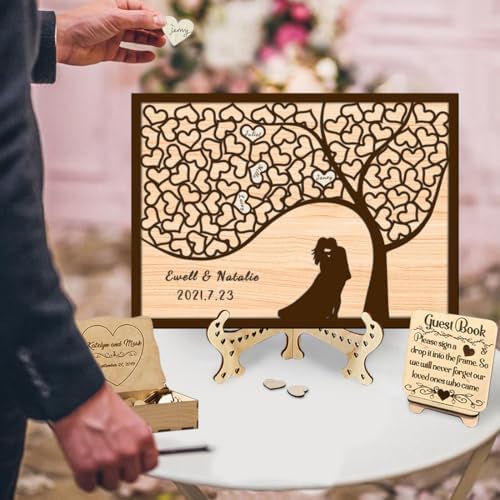 Personalized Tree of Life Wedding Guest Book Alternative, Guest Book Wedding Reception with Wooden Hearts Guest Book Signs for Wedding Anniversary Birthday Party - Image 2