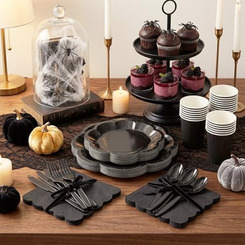 Vyntra Black Paper Plates, Cups & Napkins, 350 Pcs Scalloped Party Set - Image 4