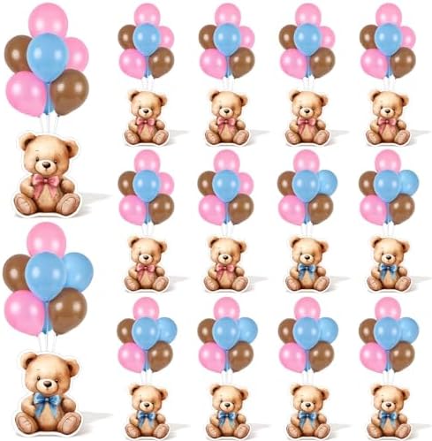 12 Sets Bear Balloon Stand Kit for Table Bear Baby Shower Centerpieces for Tables Gender Reveal Party Decoration Pink Blue Bear with Balloon for Baby Bear Temed Gender Reveal Party Supplies by Unknown