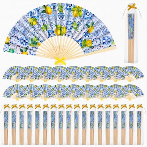 JellyArch 36 Sets Lemon Handheld Folding Fans with White Organza Bags and Yellow Bows Tile Capri Lemon Hand Fan Bulk for Wedding Guests Gift Bridal Party Decorations Church Baby Shower Supplies by JellyArch