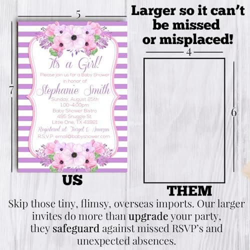 Custom Baby Shower Invites Pink and Purple Flower Baby Shower Invitation 20 5x7 Custom Personalized Floral Shower Invites With Envelopes - Unique Pink and Purple Floral Theme - Image 7