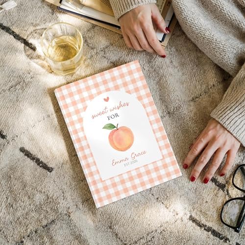 Personalized Peach Baby Shower Guest Book, Custom Sweet Little Peach on the Way Memory Keepsake, Advice and Wishes for Baby Journal, New Parents Gift, Hardcover Lined Writing Notebook for Registry - Image 2