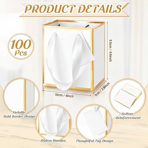 Yeaqee 100 Pcs Mini Paper Gift Bags with Handles Tag, White, Gold - Image 2