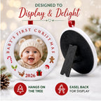 BANBERRY DESIGNS Baby’s First Christmas Picture Ornaments 2026 Set of 3 – Newborn Photo Frame Christmas Ornaments, Holds 2 Inch Baby Pictures – 3.5 Inch Round Keepsake with Easel Back and Tree Hanger - Image 5