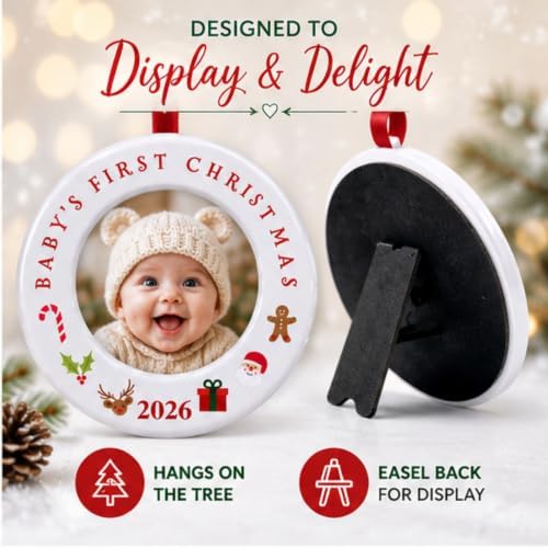 BANBERRY DESIGNS Baby’s First Christmas Picture Ornaments 2026 Set of 3 – Newborn Photo Frame Christmas Ornaments, Holds 2 Inch Baby Pictures – 3.5 Inch Round Keepsake with Easel Back and Tree Hanger - Image 5