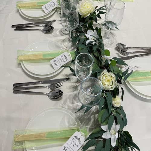 50pcs Paper Hand Fan with Organza Bags,Thank You Tag(Light green) - Image 4