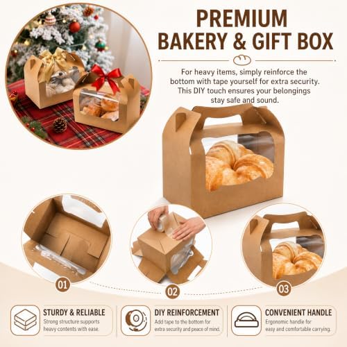 50 Pack Large Gable Box with Window, 9"x6"x6" Kraft Paper Party Favor Treat Box, Goodie Gift Boxes with Handle, Lunch Togo Boxes for Christmas Birthday Wedding Picnic Bakery Catering - Image 3