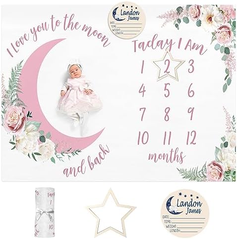 Custom Name Baby Milestone Blanket - Baby Milestone Monthly Blanket with Double Sided for Boy Girl Baby Photography Props - Pink Moon Print Gifts for Kids Infant (FixedSize) by Dyoart