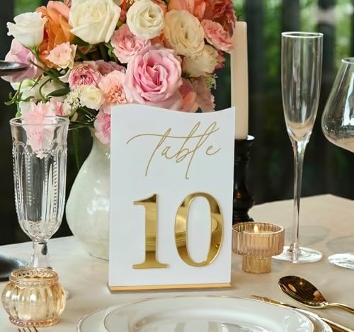 Gold Mirrored Acrylic Wedding Table Numbers 1-10 Set, Self-Standing Modern Arched Signs for Reception Seating, Anniversary & Bridal Shower, Elegant Wedding Decor (5x7 Inches) by Ourholiday