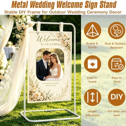 Wedding Welcome Sign Stand, White Sign Holder with Leather Straps - Image 5