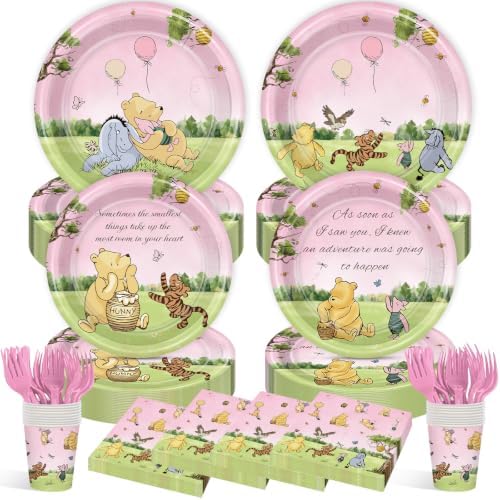 300Pcs Pink Winnie Baby Shower 1st Birthday Plates Decorations Disposal Paper Plates and Napkins Cups Forks Set Vintage Party Supplies Serves 50 Guests by Unknown