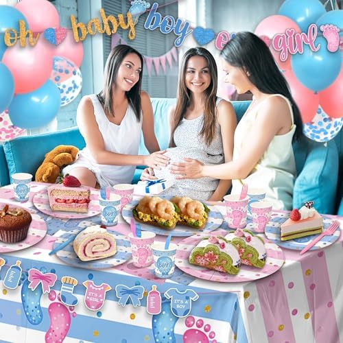 322Pcs Gender Reveal Decorations Kit (Serves 50 Guests) - Girl or Boy Gender Reveal Decorations, Disposable Tableware with Plates & Napkins, Tablecloth, Banner for Baby Shower - Image 3
