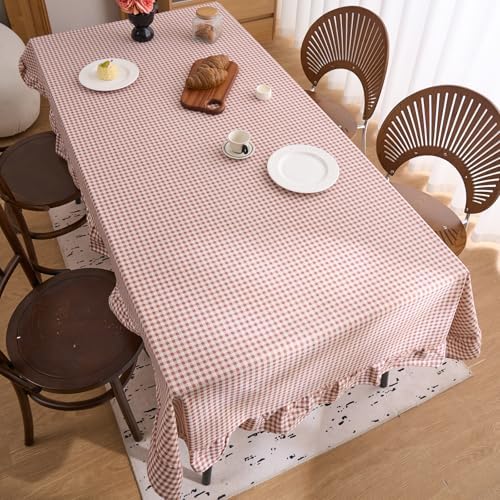 vctops Farmhouse Khaki Plaid Ruffle Table Cloth, Boho Cotton Linen Tablecloth, Washable Table Cover for Rectangle Table Baby Shower Kitchen Party Wedding Decor (Khaki,70"x102") - Image 4