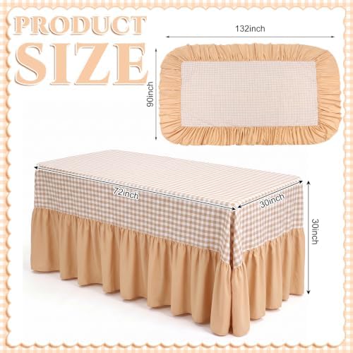Khaki Gingham Tablecloth Plaid Ruffled Table Skirt, 132 x 90'' - Image 2