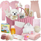 Premium New Baby Girl Gift Basket | Newborn Essentials Care Package in Diaper Caddy Organizer | Plush Toy, Baby Clothes, Bath Set, Hooded Towel, Rattle, Keepsakes & More Pink & White - Image 2