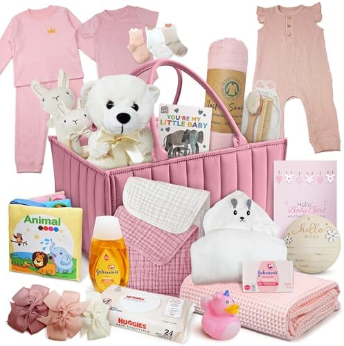 Premium New Baby Girl Gift Basket | Newborn Essentials Care Package in Diaper Caddy Organizer | Plush Toy, Baby Clothes, Bath Set, Hooded Towel, Rattle, Keepsakes & More Pink & White - Image 2