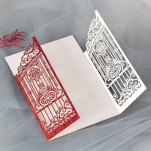 50Pcs Laser Cut Glitter Invitation Card Pocket, Glitter Red - Image 2
