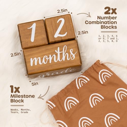 Pondering Pine Baby Milestone Blocks - Natural Pine Wood with Weeks Months Years Grade - Milestones Age Block Set with Boho Rainbow Bag, Newborn Weekly Monthly First Year Picture Props, Earth Friendly - Image 2