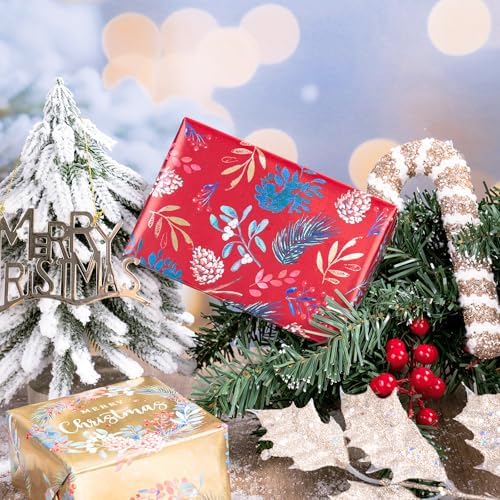 WRAPAHOLIC 30 Inch Christmas Wrapping Paper Roll - Jumbo Roll Red, Green, Gold Bird, Christmas Garland, Holly and Pinecones with Metallic Foil Shine Design - 4 Rolls - 30 Inch x 120 Inch Per Roll - Image 5