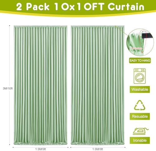Wokceer Sage Green Backdrop Curtain Drapes for Parties, 2Pack 10x10FT - Image 2