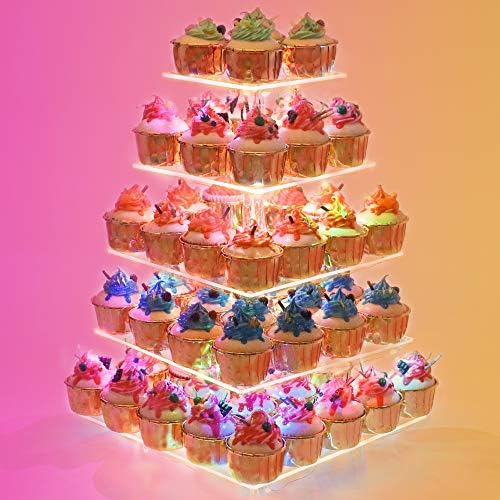 YestBuy Cupcake Stand – 5 Tier Premium Cupcake Holder – Acrylic Cupcake Tower Display – Cady Bar Party Décor – Acrylic Display for Pastry + LED Light String – Ideal for Weddings, Birthday (Colorful) by YestBuy