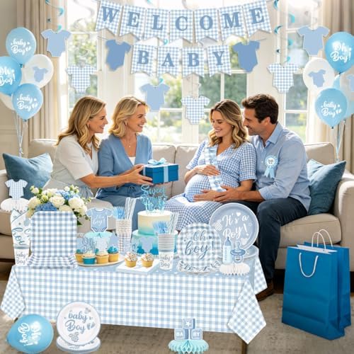 Blue Baby Shower Decorations Boy Blue Gingham Baby Shower Party Decor - Image 4