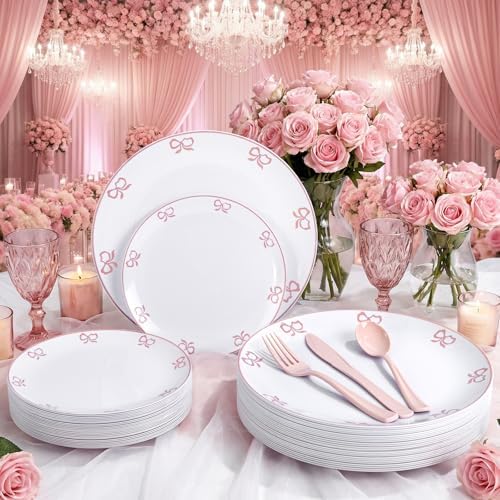125PCS Pink Bow Plastic Plates - White and Pink Rim Disposable Plates - 50 Elegant Plates with Bow knot Patterns, 25 Forks, 25 Spoons, 25 Knives for Birthday Baby Shower Wedding Party - Image 4