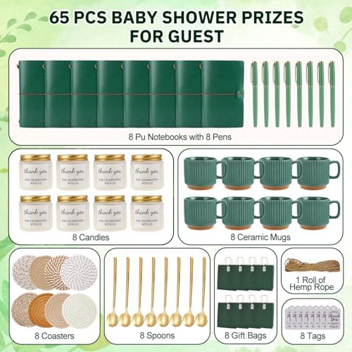 Baby Shower Prizes for Game Winners Baby Shower Games Prizes Ceramic Mugs with Metal Spoons Woven Coasters Notebooks Scented Candles Gift Bags Wedding Bridal Shower Favors for Guests (8, Green) - Image 4