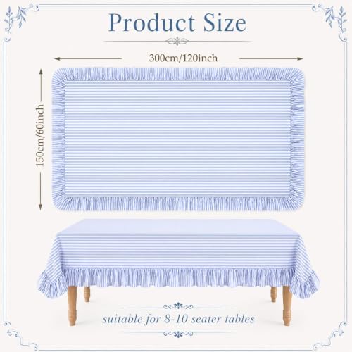 Striped Ruffled Tablecloth 60x120 Inch Cotton Polyester Striped Tablecloth Rectangular Fits 8-10 Seater Table Farmhouse Vintage Table Cover for Home Kitchen Baby Shower Birthday Party Picnic (Blue) - Image 2